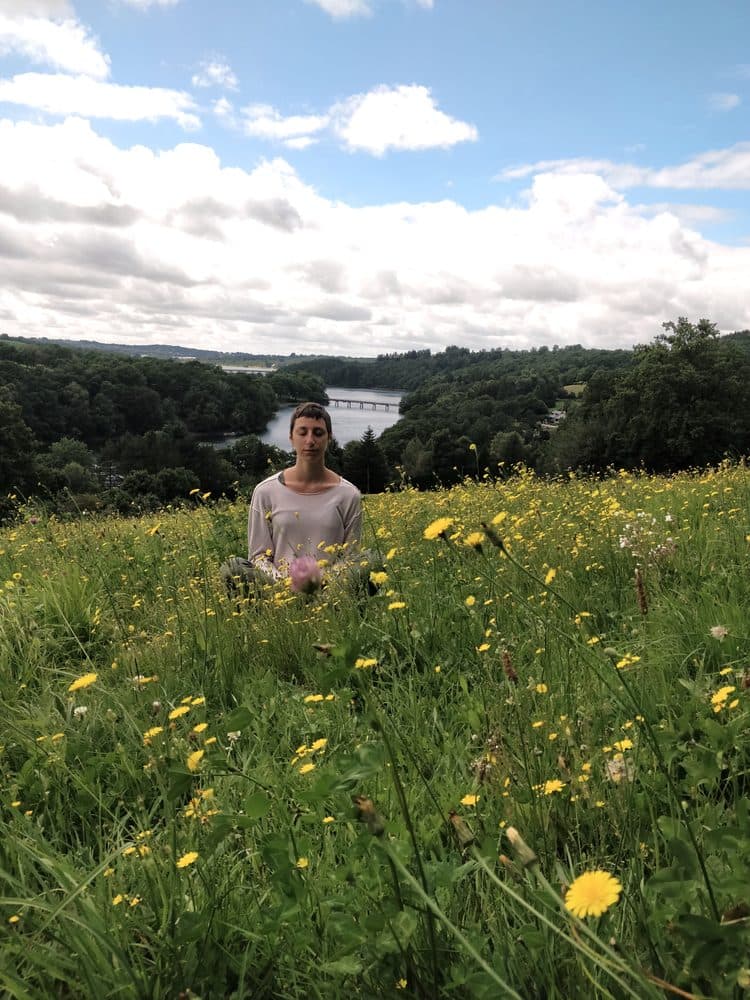 Shiraz meditating in a wildflower meadow overlooking a lake